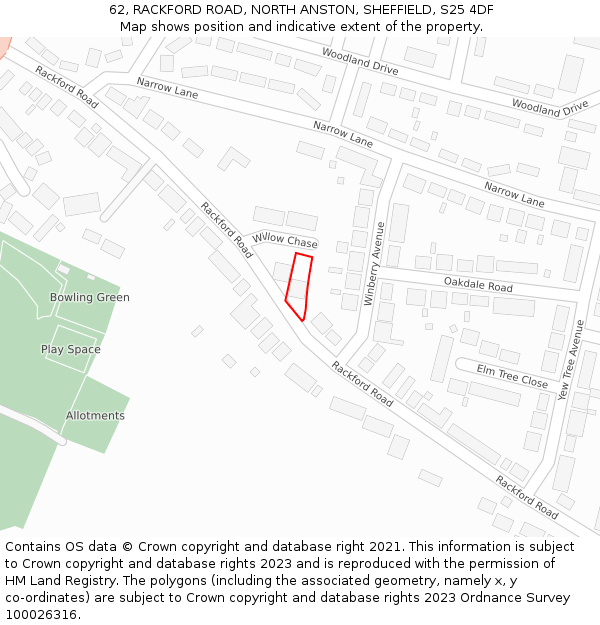 62, RACKFORD ROAD, NORTH ANSTON, SHEFFIELD, S25 4DF: Location map and indicative extent of plot