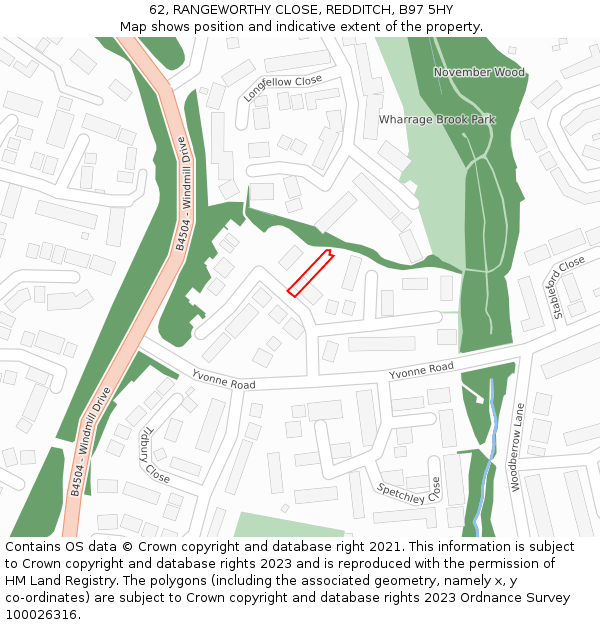 62, RANGEWORTHY CLOSE, REDDITCH, B97 5HY: Location map and indicative extent of plot