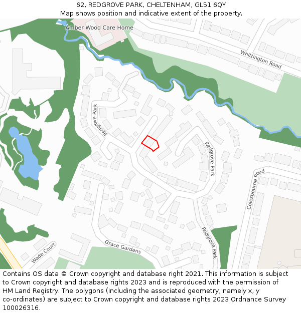 62, REDGROVE PARK, CHELTENHAM, GL51 6QY: Location map and indicative extent of plot