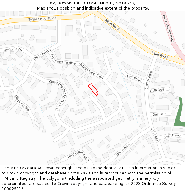 62, ROWAN TREE CLOSE, NEATH, SA10 7SQ: Location map and indicative extent of plot