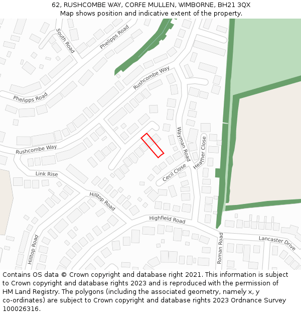 62, RUSHCOMBE WAY, CORFE MULLEN, WIMBORNE, BH21 3QX: Location map and indicative extent of plot