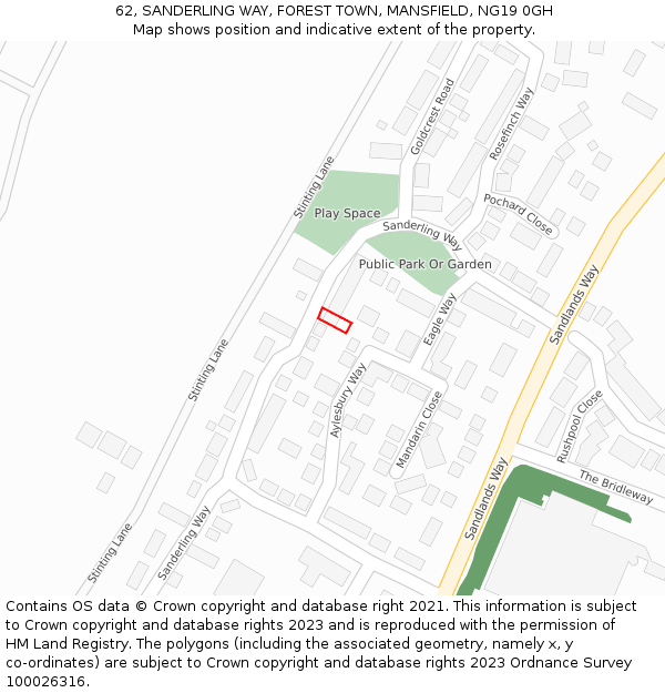 62, SANDERLING WAY, FOREST TOWN, MANSFIELD, NG19 0GH: Location map and indicative extent of plot