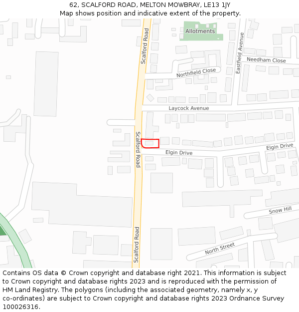 62, SCALFORD ROAD, MELTON MOWBRAY, LE13 1JY: Location map and indicative extent of plot