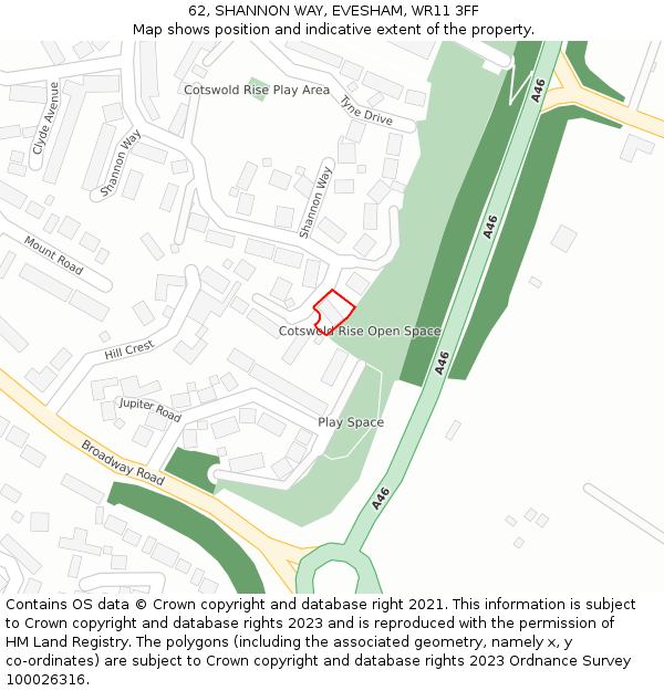 62, SHANNON WAY, EVESHAM, WR11 3FF: Location map and indicative extent of plot