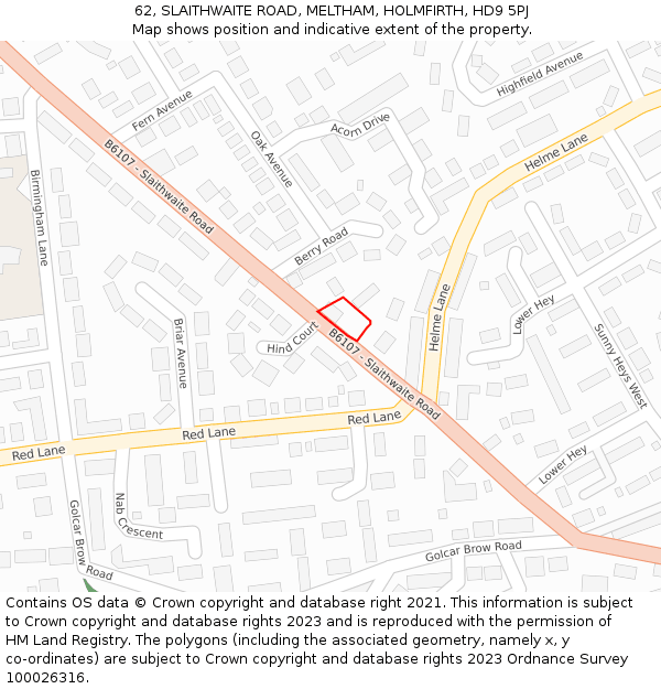 62, SLAITHWAITE ROAD, MELTHAM, HOLMFIRTH, HD9 5PJ: Location map and indicative extent of plot