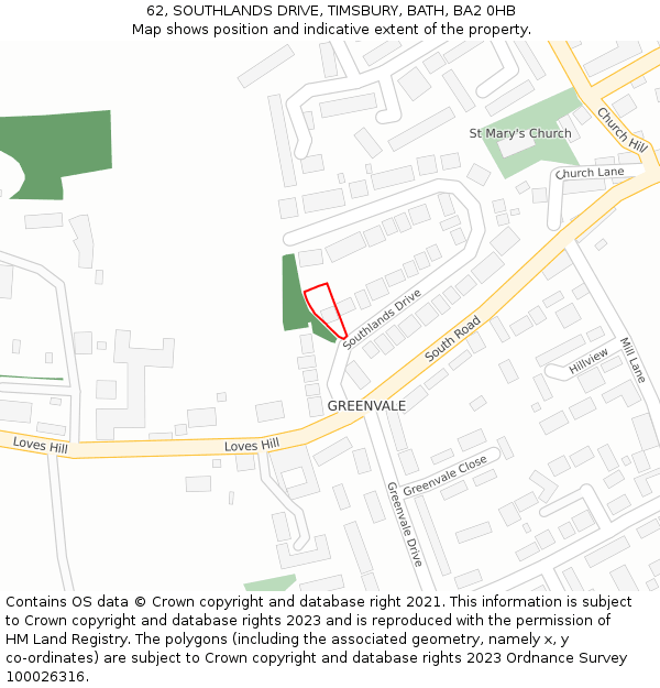 62, SOUTHLANDS DRIVE, TIMSBURY, BATH, BA2 0HB: Location map and indicative extent of plot