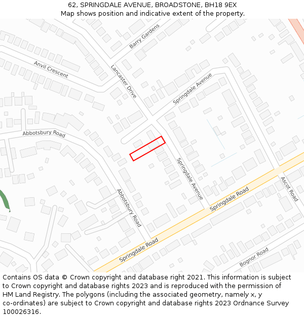 62, SPRINGDALE AVENUE, BROADSTONE, BH18 9EX: Location map and indicative extent of plot