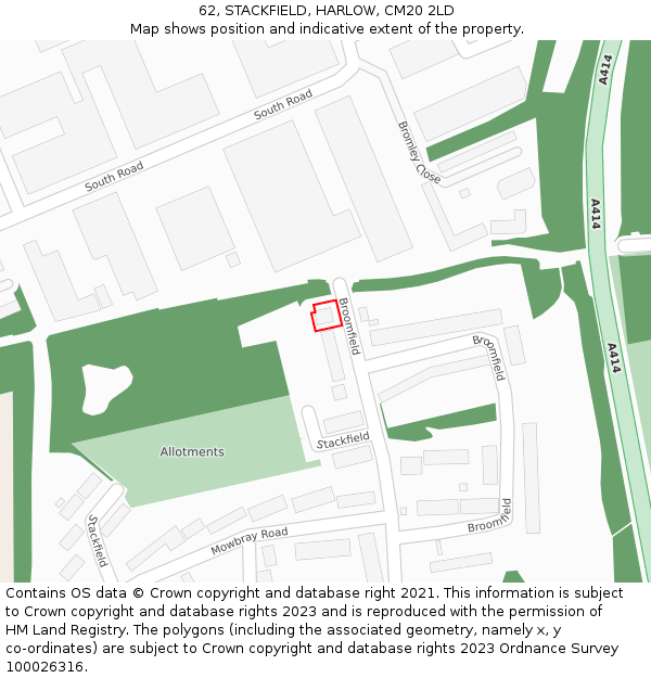 62, STACKFIELD, HARLOW, CM20 2LD: Location map and indicative extent of plot