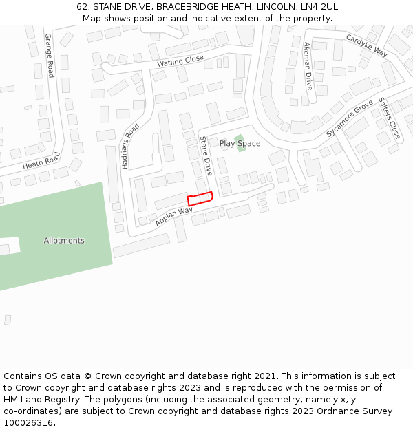 62, STANE DRIVE, BRACEBRIDGE HEATH, LINCOLN, LN4 2UL: Location map and indicative extent of plot