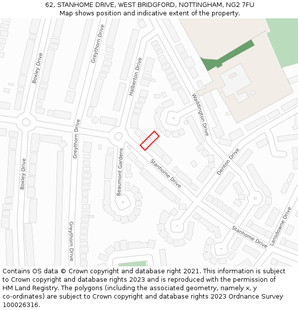 62, STANHOME DRIVE, WEST BRIDGFORD, NOTTINGHAM, NG2 7FU: Location map and indicative extent of plot