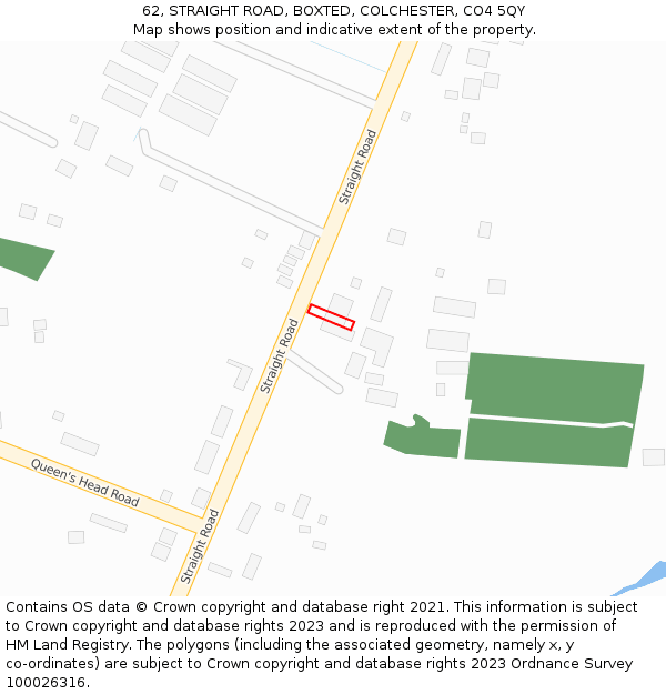 62, STRAIGHT ROAD, BOXTED, COLCHESTER, CO4 5QY: Location map and indicative extent of plot