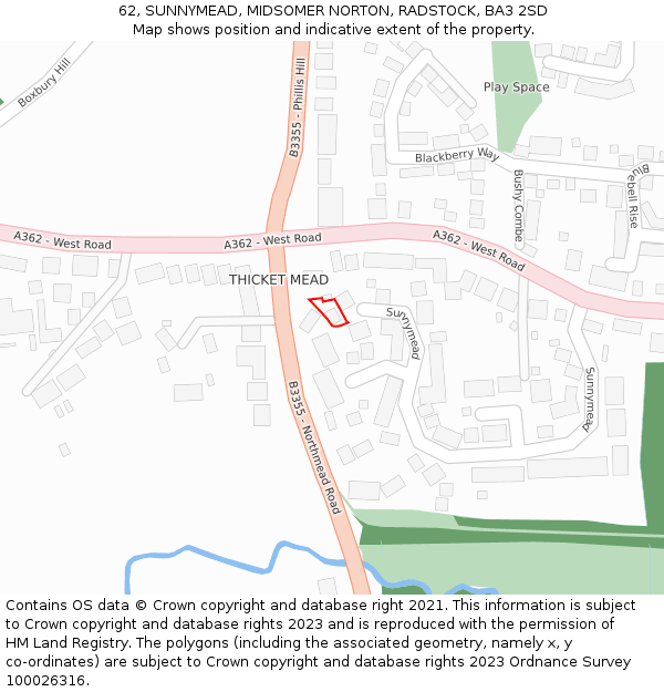 62, SUNNYMEAD, MIDSOMER NORTON, RADSTOCK, BA3 2SD: Location map and indicative extent of plot