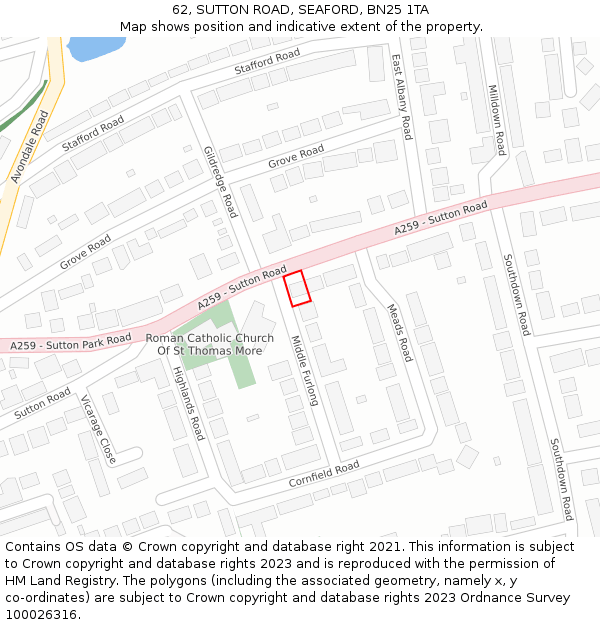 62, SUTTON ROAD, SEAFORD, BN25 1TA: Location map and indicative extent of plot