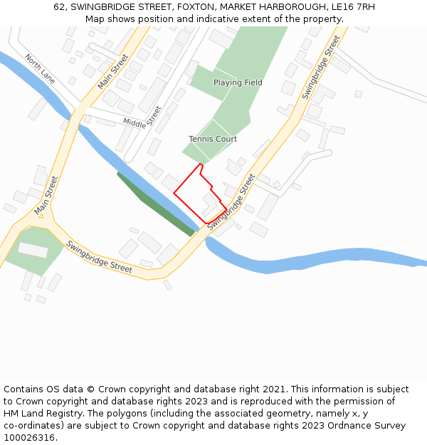 62, SWINGBRIDGE STREET, FOXTON, MARKET HARBOROUGH, LE16 7RH: Location map and indicative extent of plot