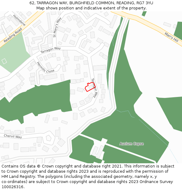 62, TARRAGON WAY, BURGHFIELD COMMON, READING, RG7 3YU: Location map and indicative extent of plot