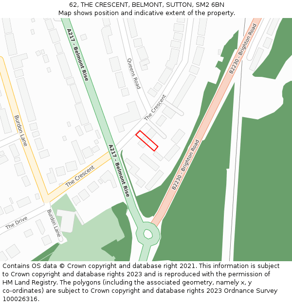 62, THE CRESCENT, BELMONT, SUTTON, SM2 6BN: Location map and indicative extent of plot