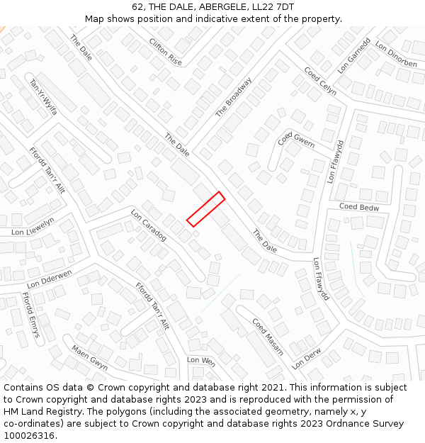 62, THE DALE, ABERGELE, LL22 7DT: Location map and indicative extent of plot