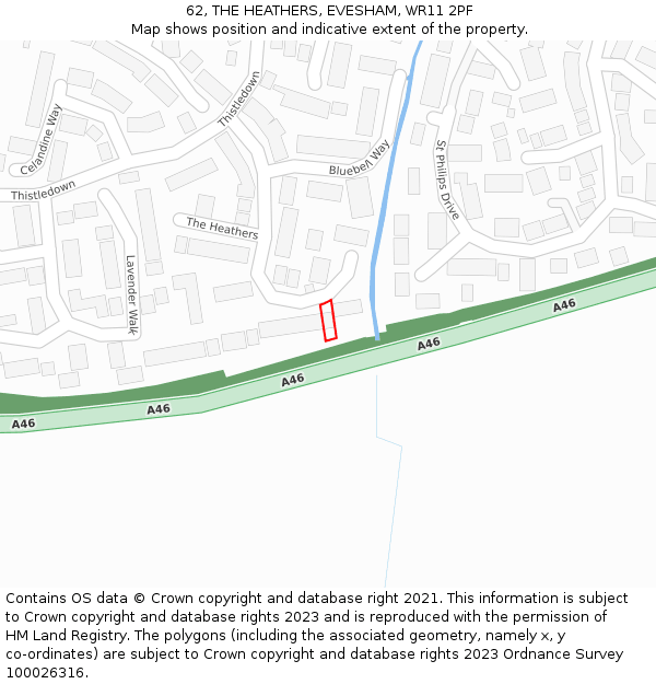 62, THE HEATHERS, EVESHAM, WR11 2PF: Location map and indicative extent of plot
