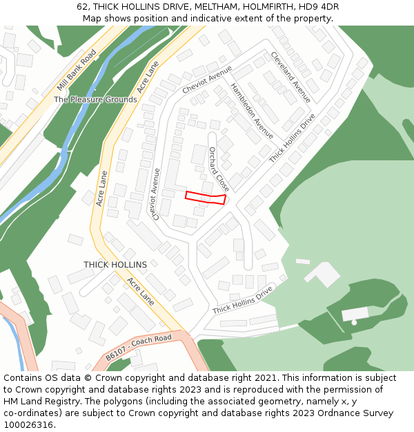 62, THICK HOLLINS DRIVE, MELTHAM, HOLMFIRTH, HD9 4DR: Location map and indicative extent of plot