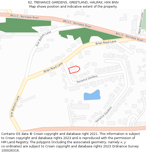 62, TRENANCE GARDENS, GREETLAND, HALIFAX, HX4 8NN: Location map and indicative extent of plot