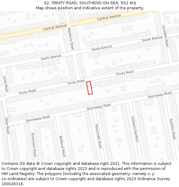 62, TRINITY ROAD, SOUTHEND-ON-SEA, SS2 4HJ: Location map and indicative extent of plot