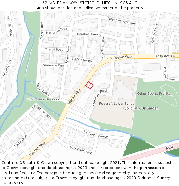 62, VALERIAN WAY, STOTFOLD, HITCHIN, SG5 4HG: Location map and indicative extent of plot