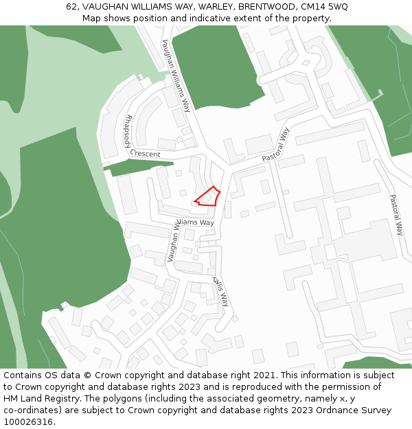 62, VAUGHAN WILLIAMS WAY, WARLEY, BRENTWOOD, CM14 5WQ: Location map and indicative extent of plot