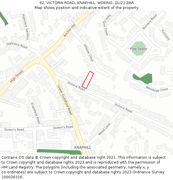 62, VICTORIA ROAD, KNAPHILL, WOKING, GU21 2AA: Location map and indicative extent of plot