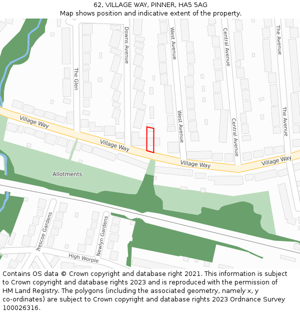 62, VILLAGE WAY, PINNER, HA5 5AG: Location map and indicative extent of plot