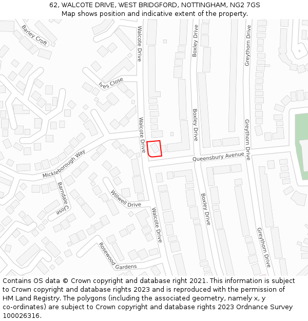 62, WALCOTE DRIVE, WEST BRIDGFORD, NOTTINGHAM, NG2 7GS: Location map and indicative extent of plot