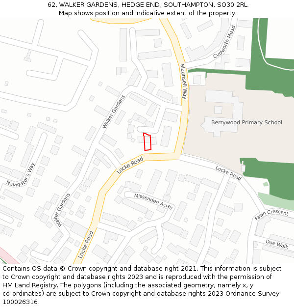 62, WALKER GARDENS, HEDGE END, SOUTHAMPTON, SO30 2RL: Location map and indicative extent of plot