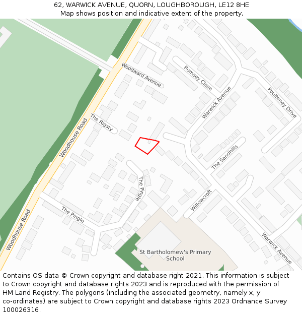 62, WARWICK AVENUE, QUORN, LOUGHBOROUGH, LE12 8HE: Location map and indicative extent of plot