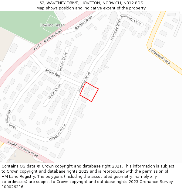 62, WAVENEY DRIVE, HOVETON, NORWICH, NR12 8DS: Location map and indicative extent of plot