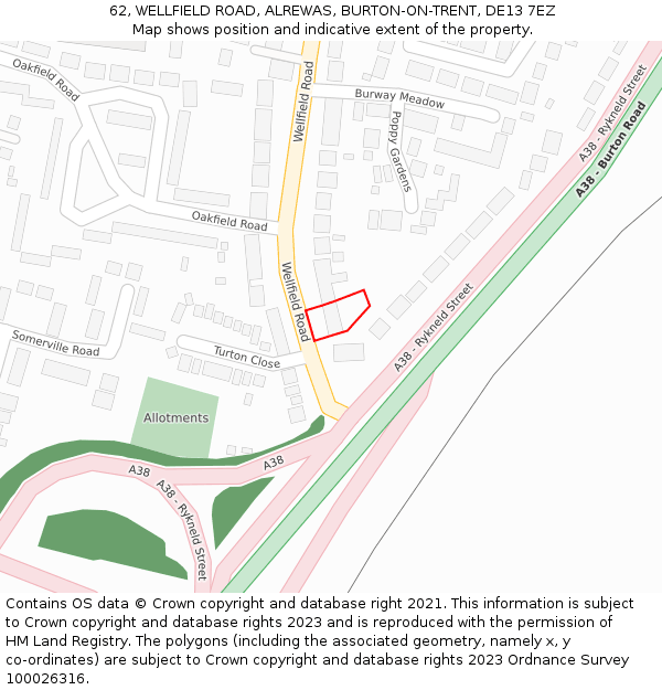 62, WELLFIELD ROAD, ALREWAS, BURTON-ON-TRENT, DE13 7EZ: Location map and indicative extent of plot