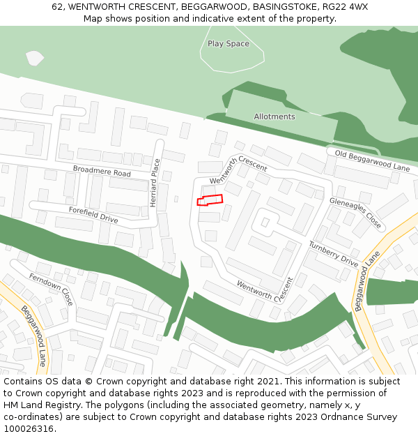 62, WENTWORTH CRESCENT, BEGGARWOOD, BASINGSTOKE, RG22 4WX: Location map and indicative extent of plot