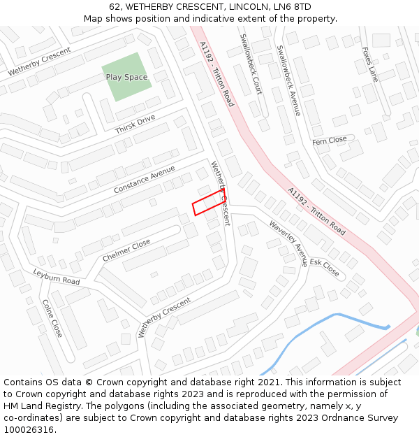 62, WETHERBY CRESCENT, LINCOLN, LN6 8TD: Location map and indicative extent of plot