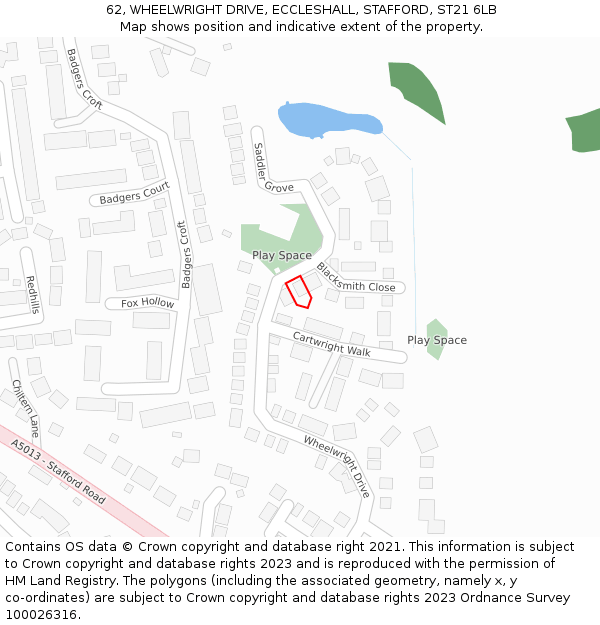 62, WHEELWRIGHT DRIVE, ECCLESHALL, STAFFORD, ST21 6LB: Location map and indicative extent of plot