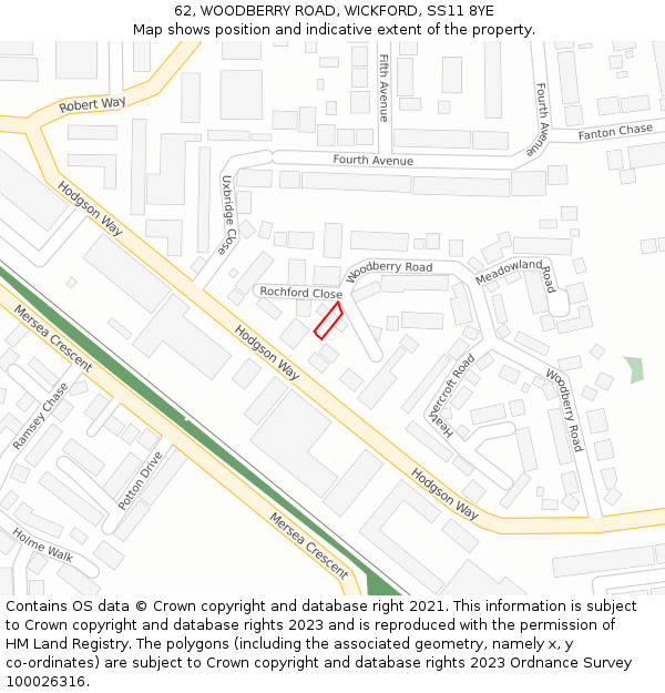 62, WOODBERRY ROAD, WICKFORD, SS11 8YE: Location map and indicative extent of plot