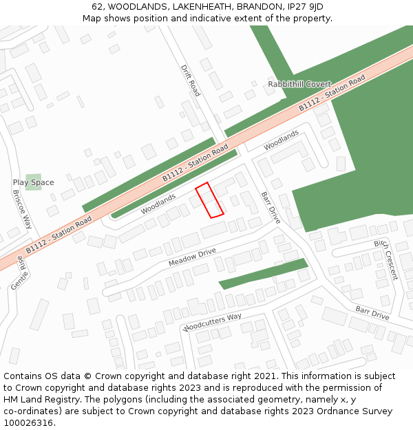 62, WOODLANDS, LAKENHEATH, BRANDON, IP27 9JD: Location map and indicative extent of plot