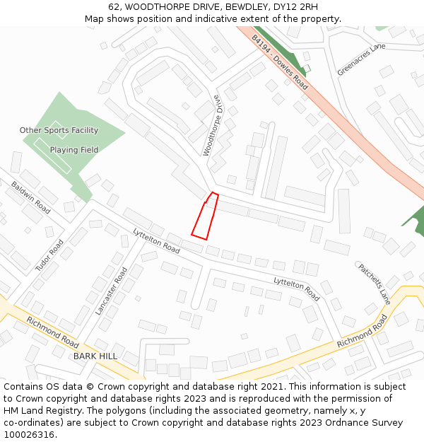 62, WOODTHORPE DRIVE, BEWDLEY, DY12 2RH: Location map and indicative extent of plot