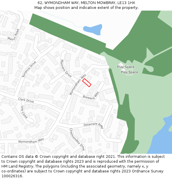 62, WYMONDHAM WAY, MELTON MOWBRAY, LE13 1HX: Location map and indicative extent of plot