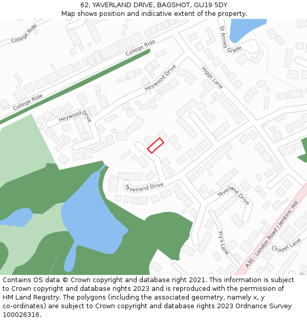 62, YAVERLAND DRIVE, BAGSHOT, GU19 5DY: Location map and indicative extent of plot