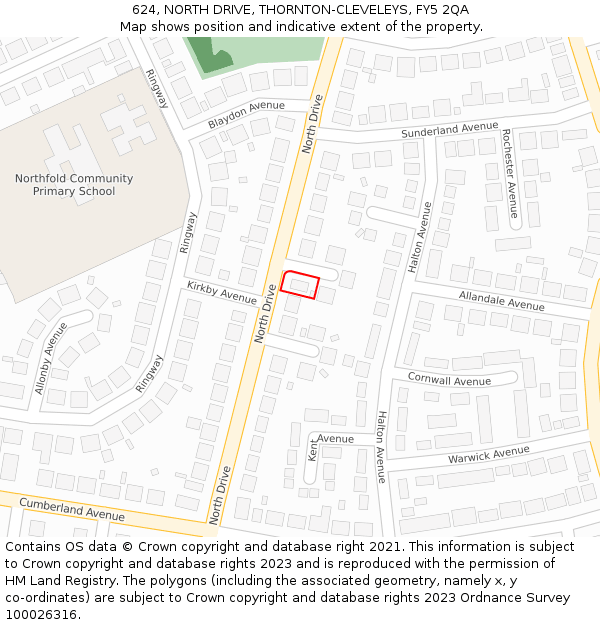 624, NORTH DRIVE, THORNTON-CLEVELEYS, FY5 2QA: Location map and indicative extent of plot