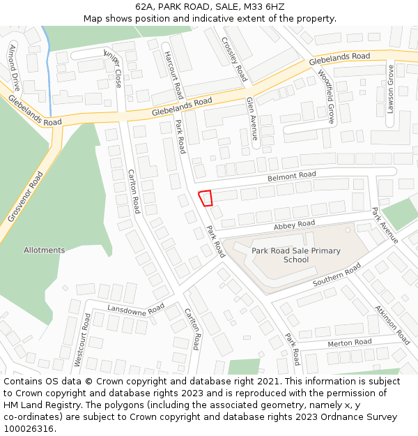 62A, PARK ROAD, SALE, M33 6HZ: Location map and indicative extent of plot