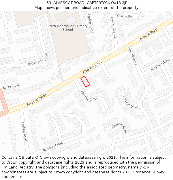 63, ALVESCOT ROAD, CARTERTON, OX18 3JP: Location map and indicative extent of plot