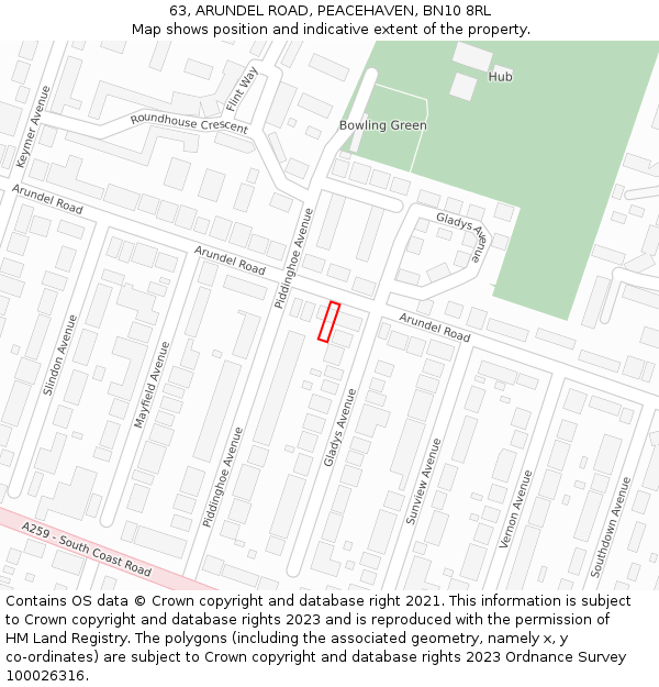 63, ARUNDEL ROAD, PEACEHAVEN, BN10 8RL: Location map and indicative extent of plot