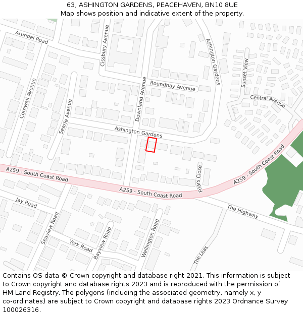 63, ASHINGTON GARDENS, PEACEHAVEN, BN10 8UE: Location map and indicative extent of plot