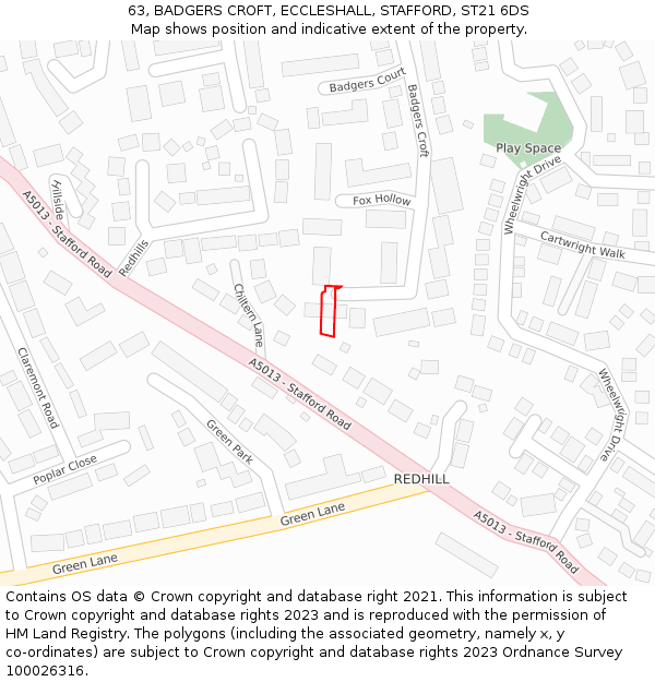 63, BADGERS CROFT, ECCLESHALL, STAFFORD, ST21 6DS: Location map and indicative extent of plot