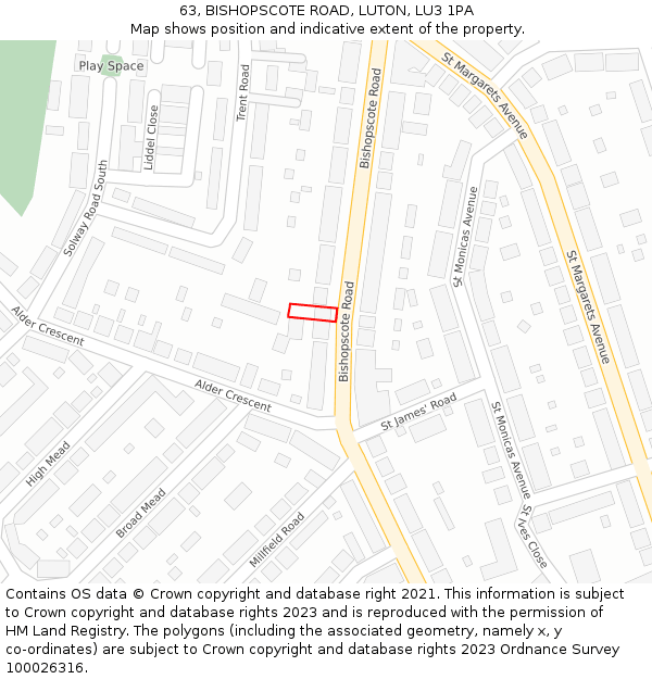 63, BISHOPSCOTE ROAD, LUTON, LU3 1PA: Location map and indicative extent of plot