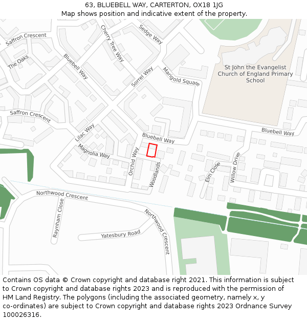 63, BLUEBELL WAY, CARTERTON, OX18 1JG: Location map and indicative extent of plot